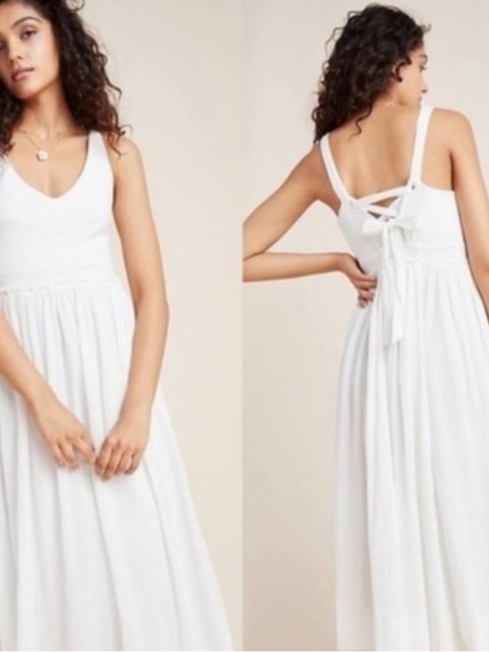 Saturday Sunday Anthropologie White V-Neck Maxi Dress with Back Tie Detail